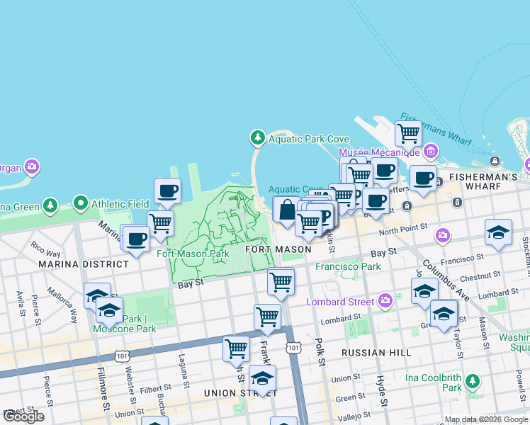 map of restaurants, bars, coffee shops, grocery stores, and more near 5111 Van Ness Avenue in San Francisco