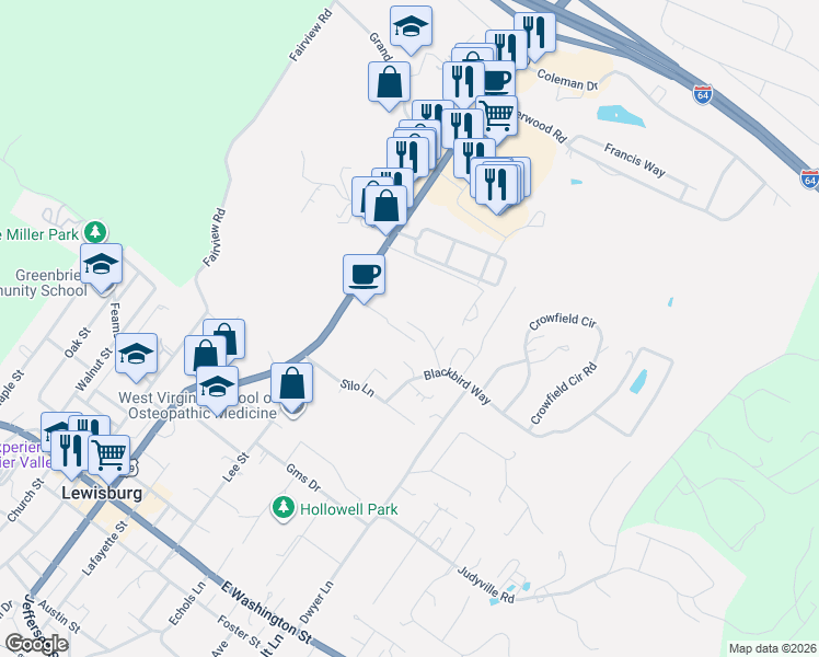 map of restaurants, bars, coffee shops, grocery stores, and more near 224 North Rosewood Drive in Lewisburg