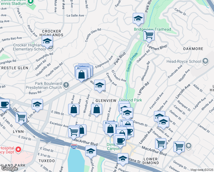 map of restaurants, bars, coffee shops, grocery stores, and more near 4371 Townsend Avenue in Oakland