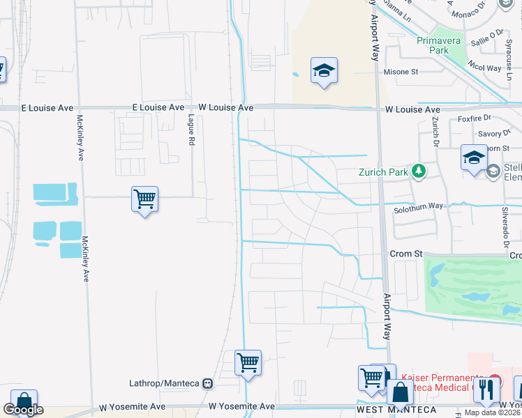 map of restaurants, bars, coffee shops, grocery stores, and more near 2490 West Louise Avenue in Manteca