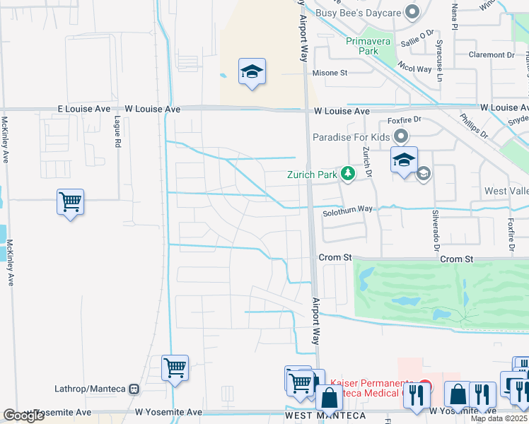 map of restaurants, bars, coffee shops, grocery stores, and more near 709 Airport Way in Manteca