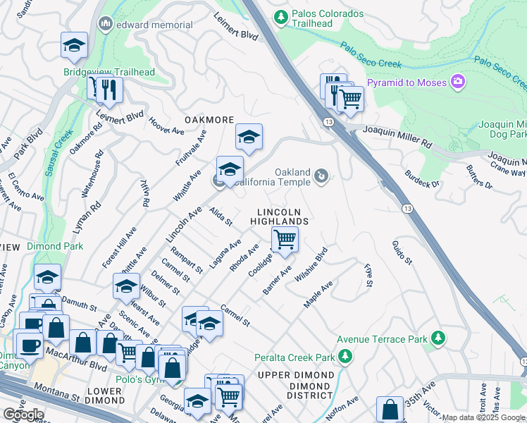 map of restaurants, bars, coffee shops, grocery stores, and more near 2550 Charleston Street in Oakland