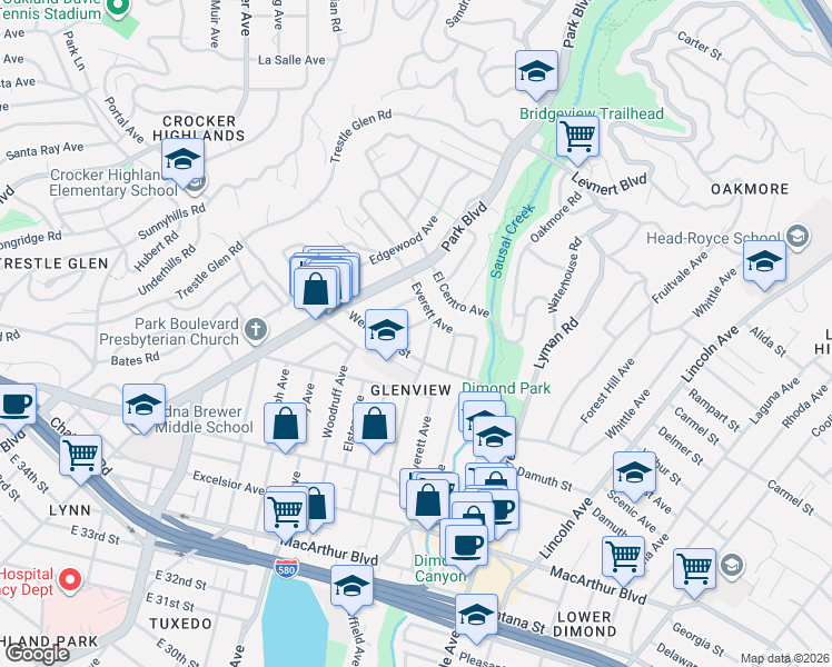 map of restaurants, bars, coffee shops, grocery stores, and more near 4371 Townsend Avenue in Oakland