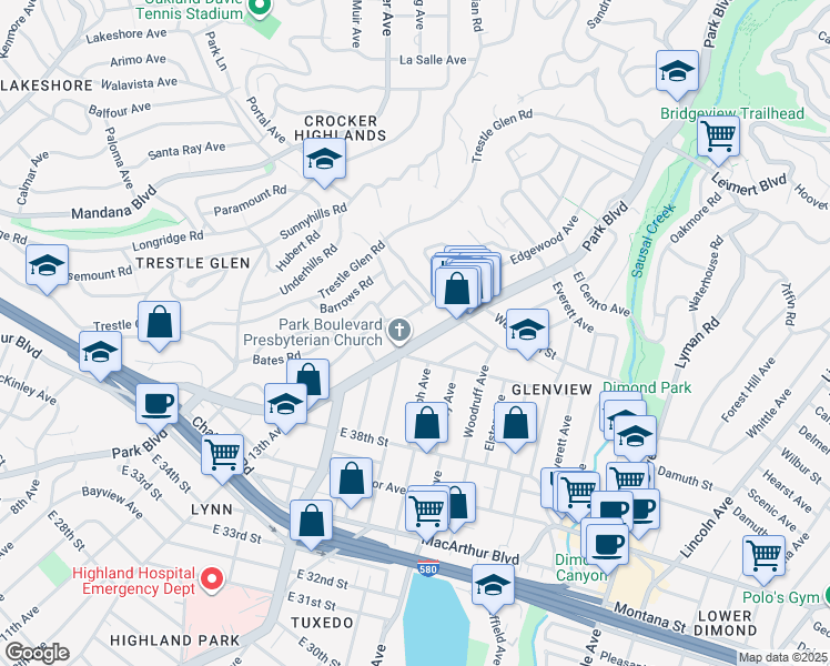 map of restaurants, bars, coffee shops, grocery stores, and more near in Oakland