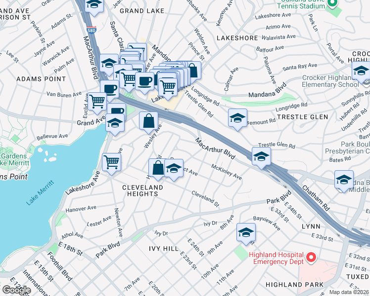 map of restaurants, bars, coffee shops, grocery stores, and more near 730 Hillgirt Circle in Oakland