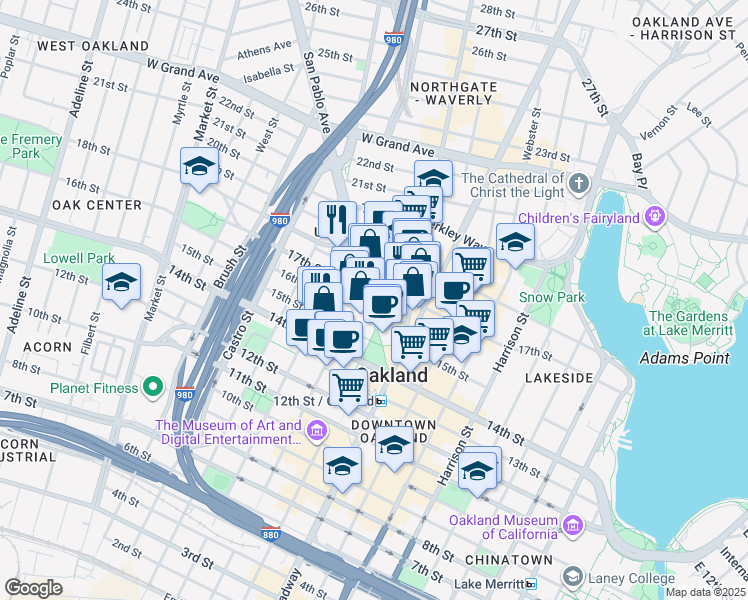 map of restaurants, bars, coffee shops, grocery stores, and more near in Oakland