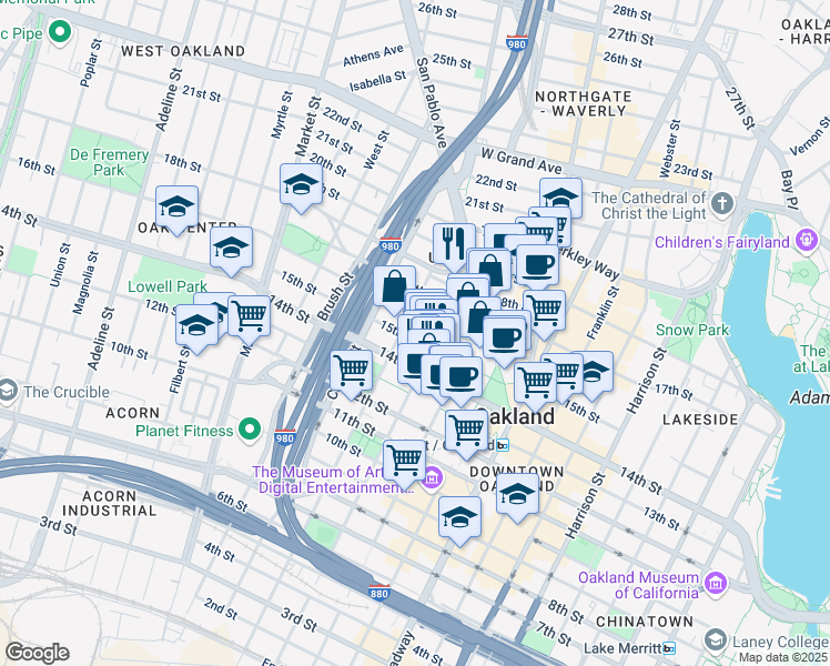 map of restaurants, bars, coffee shops, grocery stores, and more near 659 16th Street in Oakland