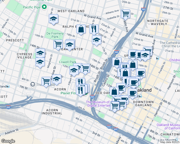 map of restaurants, bars, coffee shops, grocery stores, and more near 801 14th Street in Oakland
