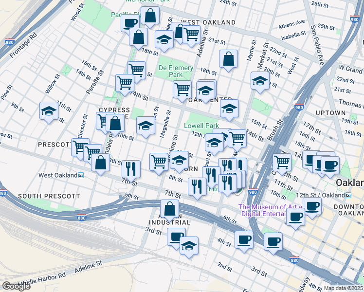 map of restaurants, bars, coffee shops, grocery stores, and more near 1115 Chestnut Street in Oakland