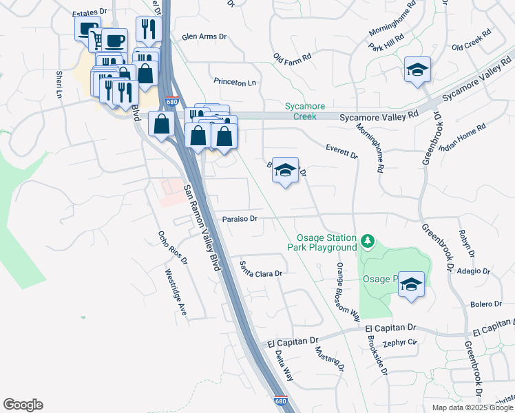 map of restaurants, bars, coffee shops, grocery stores, and more near 571 Sycamore Circle in Danville