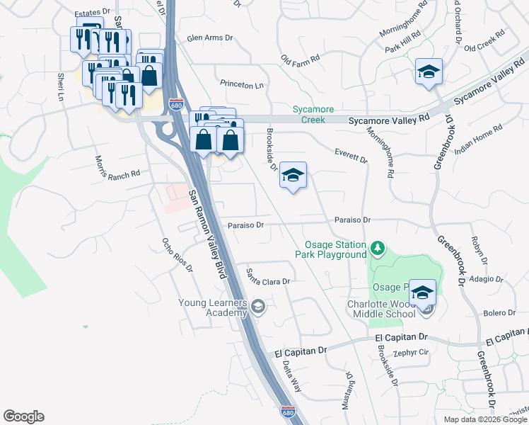 map of restaurants, bars, coffee shops, grocery stores, and more near 535 Sycamore Circle in Danville