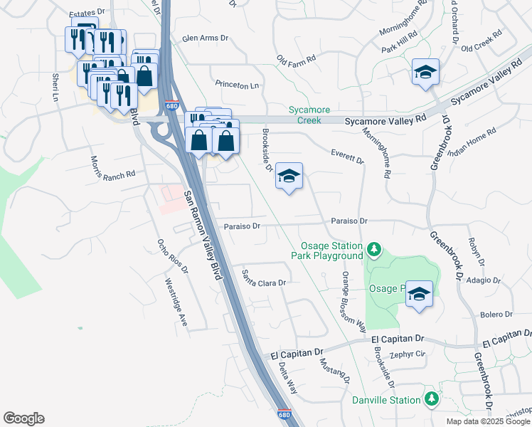 map of restaurants, bars, coffee shops, grocery stores, and more near 535 Sycamore Circle in Danville