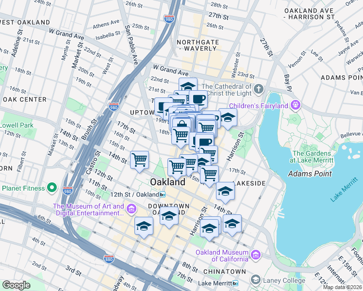 map of restaurants, bars, coffee shops, grocery stores, and more near in Oakland