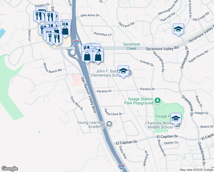 map of restaurants, bars, coffee shops, grocery stores, and more near 520 Sycamore Circle in Danville