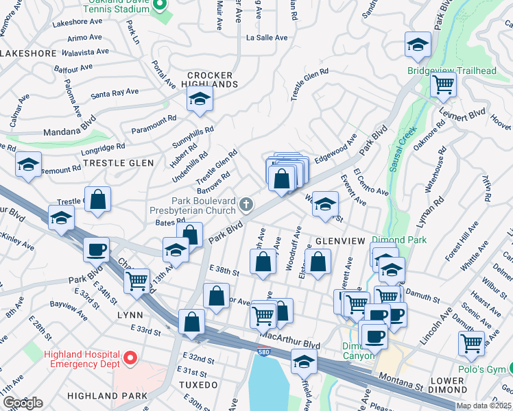 map of restaurants, bars, coffee shops, grocery stores, and more near 4135 Park Boulevard in Oakland