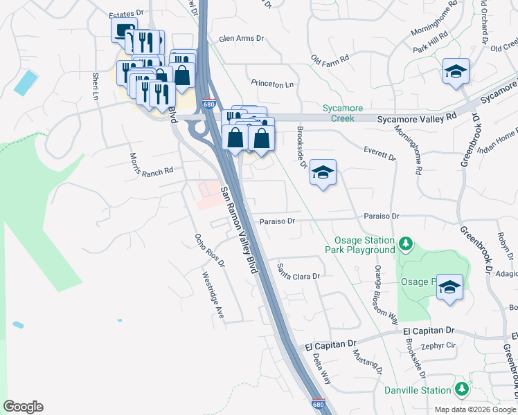 map of restaurants, bars, coffee shops, grocery stores, and more near 622 Sycamore Circle in Danville