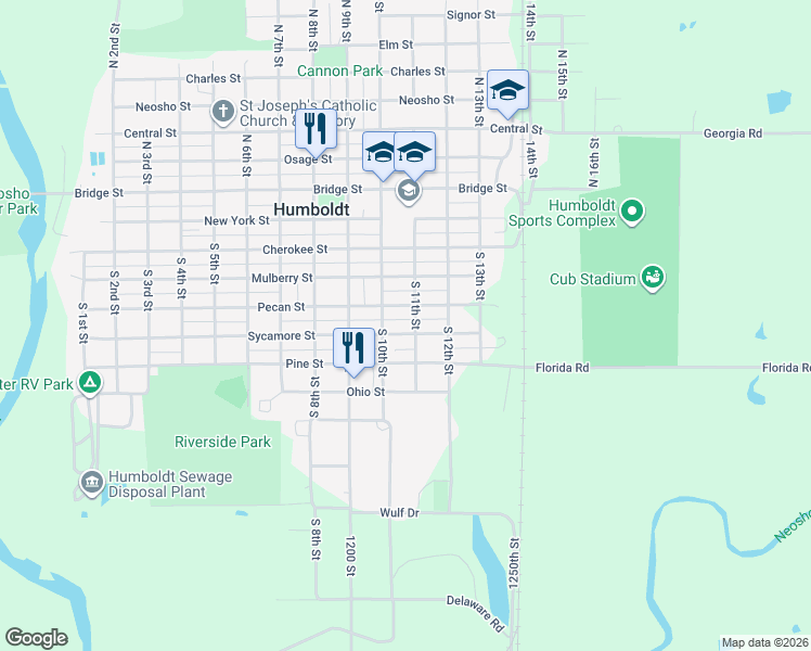 map of restaurants, bars, coffee shops, grocery stores, and more near 1001-1099 Pecan St in Humboldt