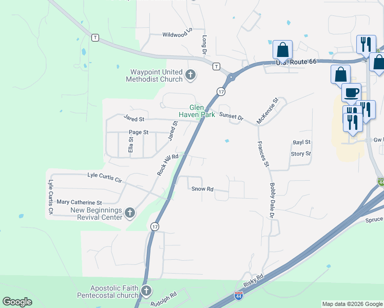 map of restaurants, bars, coffee shops, grocery stores, and more near 24404 Missouri 17 in Waynesville