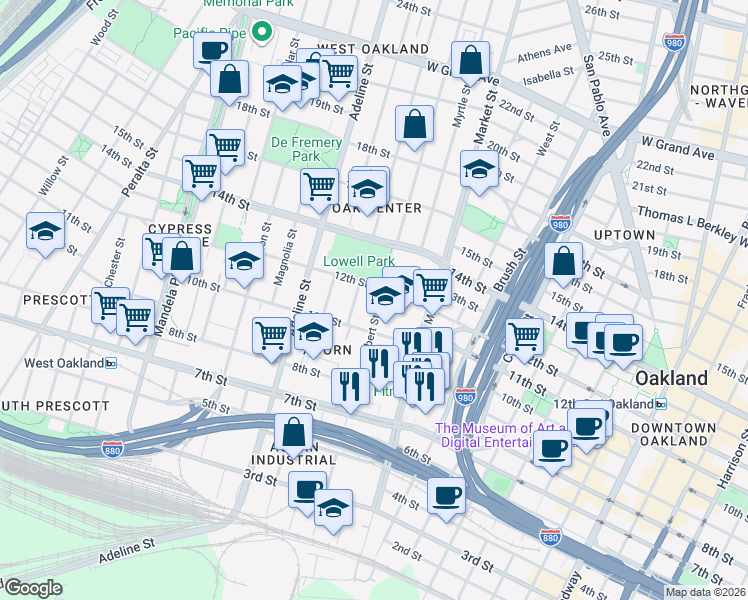map of restaurants, bars, coffee shops, grocery stores, and more near 1123 Filbert Street in Oakland