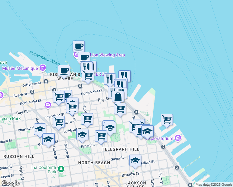 map of restaurants, bars, coffee shops, grocery stores, and more near 33 San Francisco Pier 33 - Alcatraz Island in San Francisco
