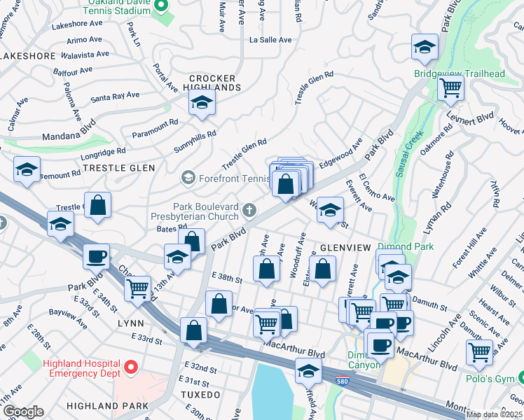 map of restaurants, bars, coffee shops, grocery stores, and more near in Oakland