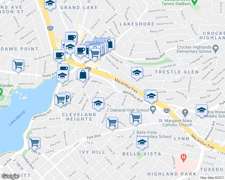 map of restaurants, bars, coffee shops, grocery stores, and more near 730 Hillgirt Circle in Oakland