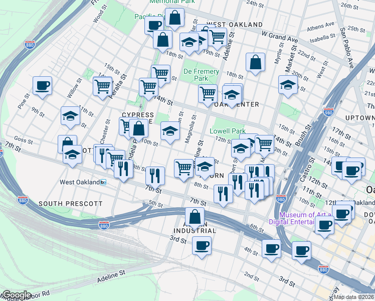 map of restaurants, bars, coffee shops, grocery stores, and more near 1027 Adeline Street in Oakland