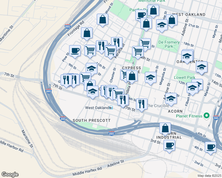 map of restaurants, bars, coffee shops, grocery stores, and more near 1480 9th Street in Oakland