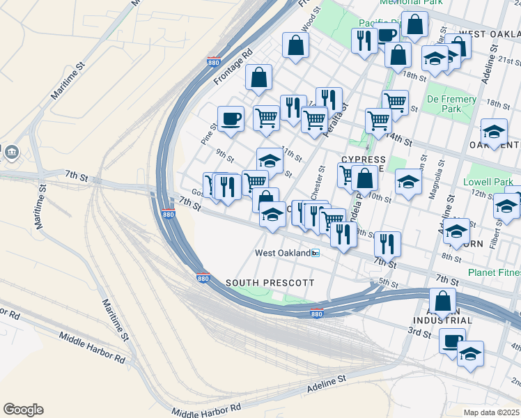 map of restaurants, bars, coffee shops, grocery stores, and more near in Oakland
