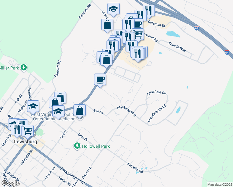 map of restaurants, bars, coffee shops, grocery stores, and more near 224 North Rosewood Drive in Lewisburg