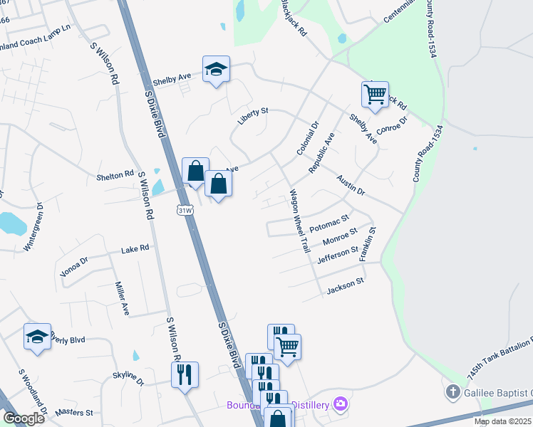 map of restaurants, bars, coffee shops, grocery stores, and more near 2925 Crockett Court in Radcliff