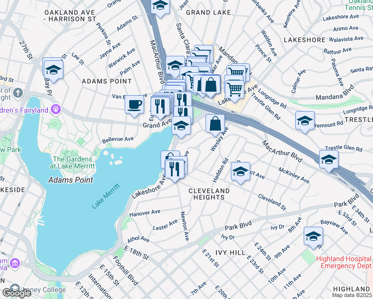 map of restaurants, bars, coffee shops, grocery stores, and more near 520 Boden Way in Oakland