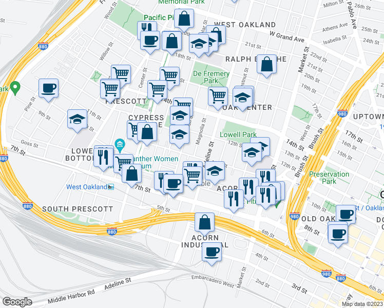 map of restaurants, bars, coffee shops, grocery stores, and more near 1206 10th Street in Oakland