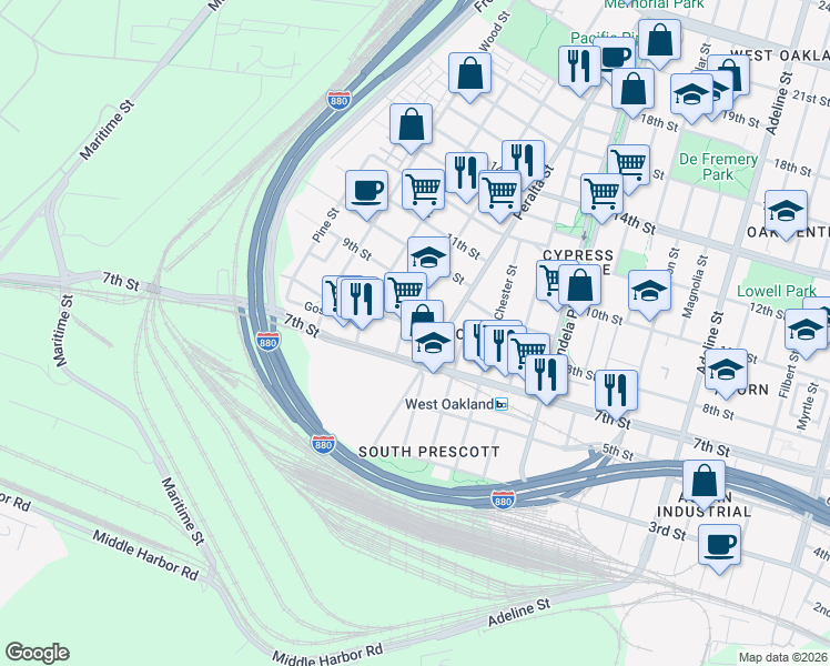 map of restaurants, bars, coffee shops, grocery stores, and more near in Oakland