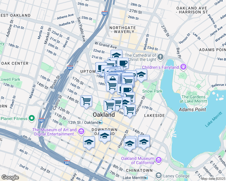 map of restaurants, bars, coffee shops, grocery stores, and more near 1753 Broadway in Oakland