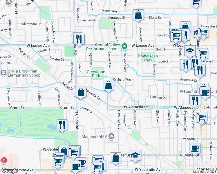 map of restaurants, bars, coffee shops, grocery stores, and more near 891 Graystone Way in Manteca