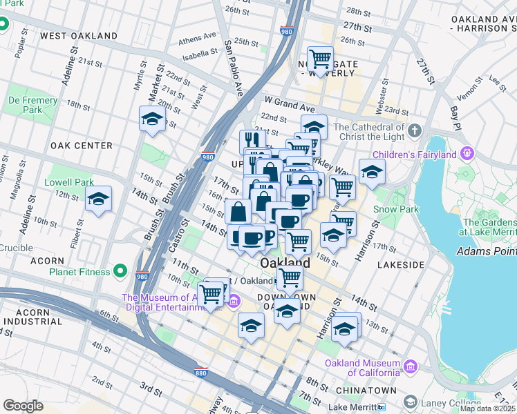 map of restaurants, bars, coffee shops, grocery stores, and more near in Oakland