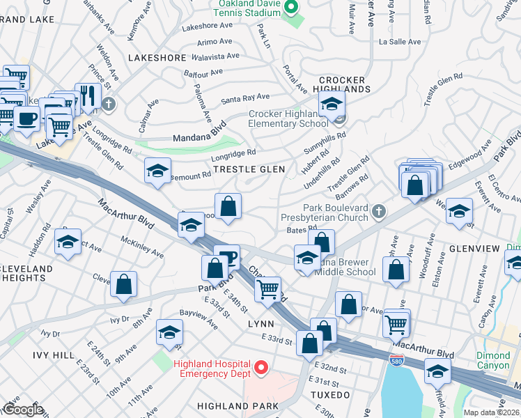 map of restaurants, bars, coffee shops, grocery stores, and more near 1168 Trestle Glen Road in Oakland