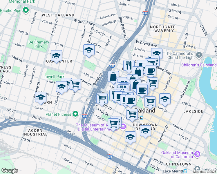 map of restaurants, bars, coffee shops, grocery stores, and more near 1425 Castro Street in Oakland