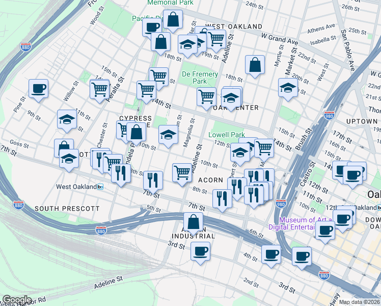 map of restaurants, bars, coffee shops, grocery stores, and more near 1027 Adeline Street in Oakland