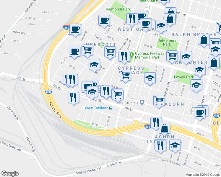 map of restaurants, bars, coffee shops, grocery stores, and more near 1480 9th Street in Oakland