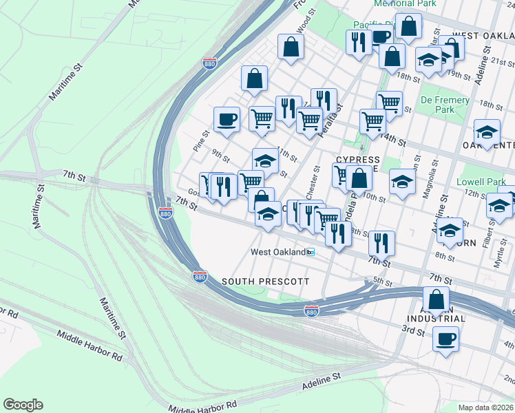 map of restaurants, bars, coffee shops, grocery stores, and more near in Oakland