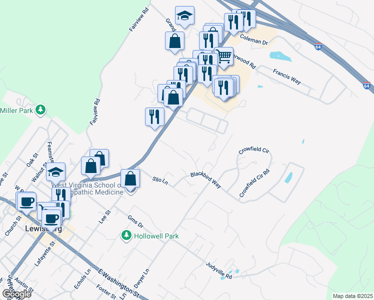 map of restaurants, bars, coffee shops, grocery stores, and more near 224 North Rosewood Drive in Lewisburg
