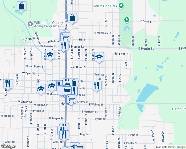 map of restaurants, bars, coffee shops, grocery stores, and more near 499 E Tyler St in Herrin