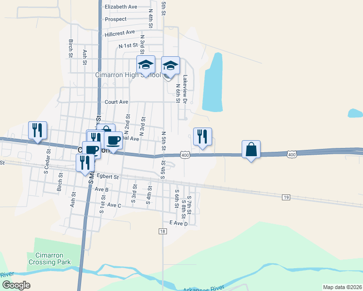map of restaurants, bars, coffee shops, grocery stores, and more near 301 North 6th Street in Cimarron