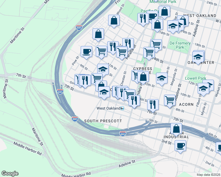 map of restaurants, bars, coffee shops, grocery stores, and more near 2 8th Street in Oakland