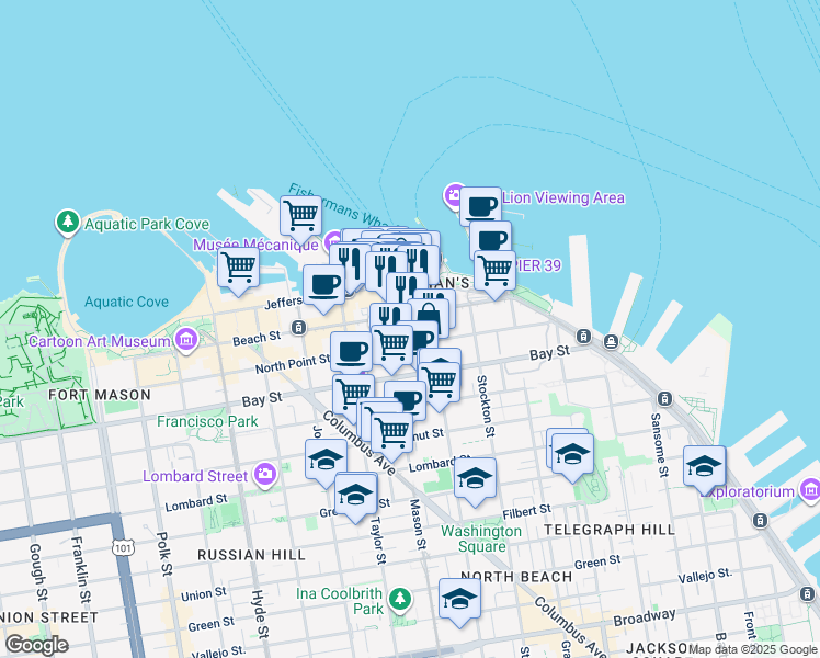 map of restaurants, bars, coffee shops, grocery stores, and more near 211 Beach Street in San Francisco