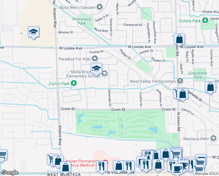 map of restaurants, bars, coffee shops, grocery stores, and more near 615 Silverado Drive in Manteca