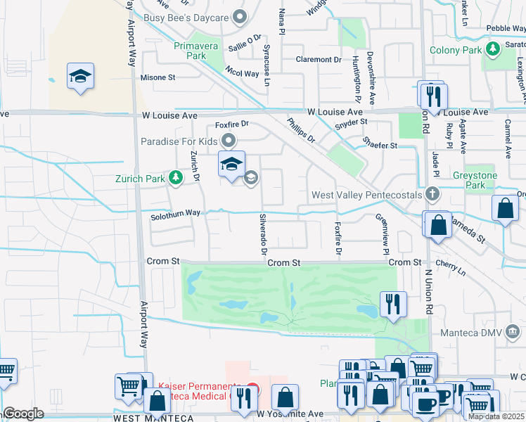 map of restaurants, bars, coffee shops, grocery stores, and more near 615 Silverado Drive in Manteca