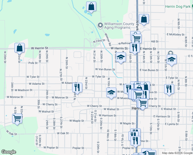 map of restaurants, bars, coffee shops, grocery stores, and more near 501 North 20th Street in Herrin